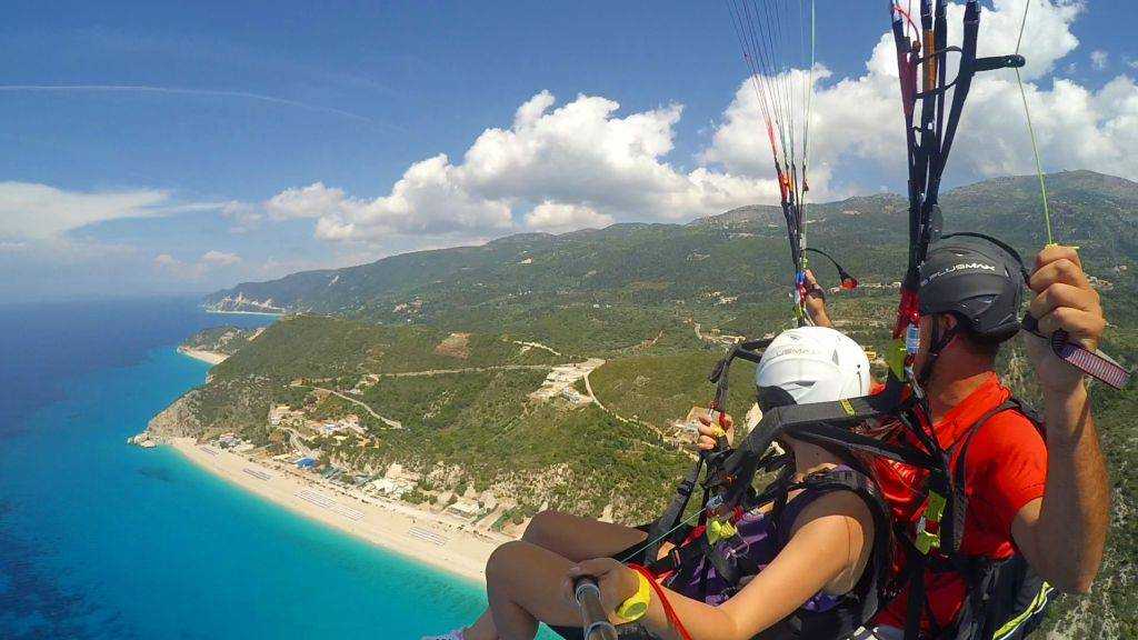Tandem paragliding flight over Kathisma Lefkada